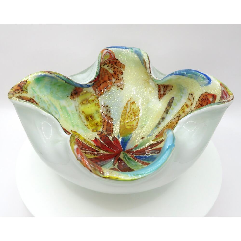 Vintage Murano Style Art Glass Bowl Ruffled Edge Multicolor Bullicante 7" MCM